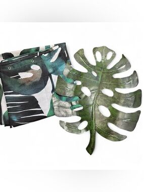 Tropical Shower Curtain and Large metal Green Palm Leaf bathroom decor set